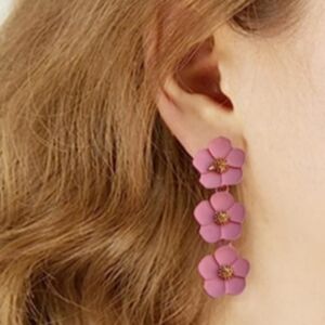 Triple Mauve Pink Flowers Post Earrings 3 Flower Blossoms Floral Post Dangle New